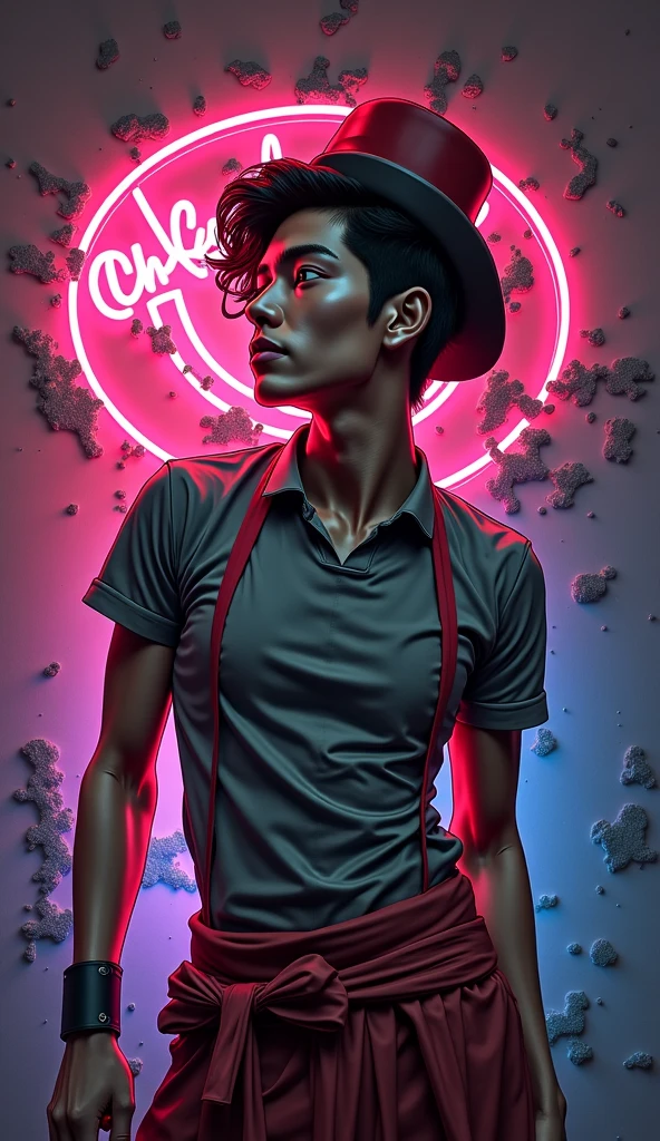 3D sketch panel art, bright contrast scale details, clear, a granite torn 3D logo round with a "chef" indonesi handsome and cool wearing hat indonesia made of neon panel sketch lines,  with a long blank band underneath
 photography, dynamic pose, full body, hyper realistic, masterpiece, HD.