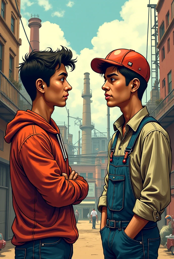 a young man who talks with his friend Francisco, a worker who for workers' rights. comic