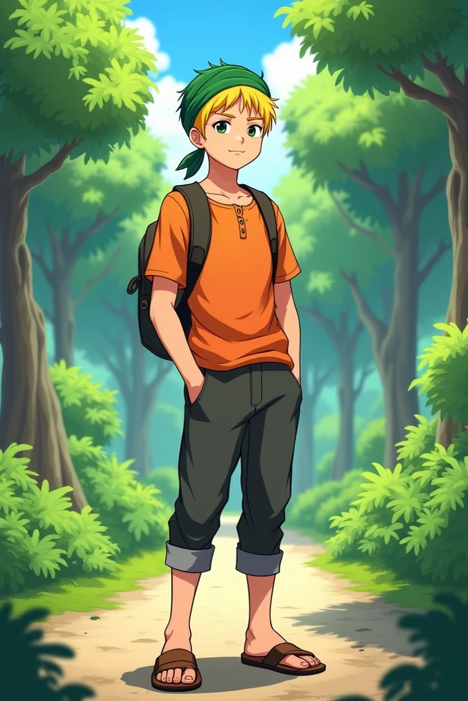 masterpiece, best quality, highres, 1boy, solo, trevor \(pokemon\), black pants, shirtless, green backpack, standing, cowboy shot, outdoors, full boddy, belly botton,