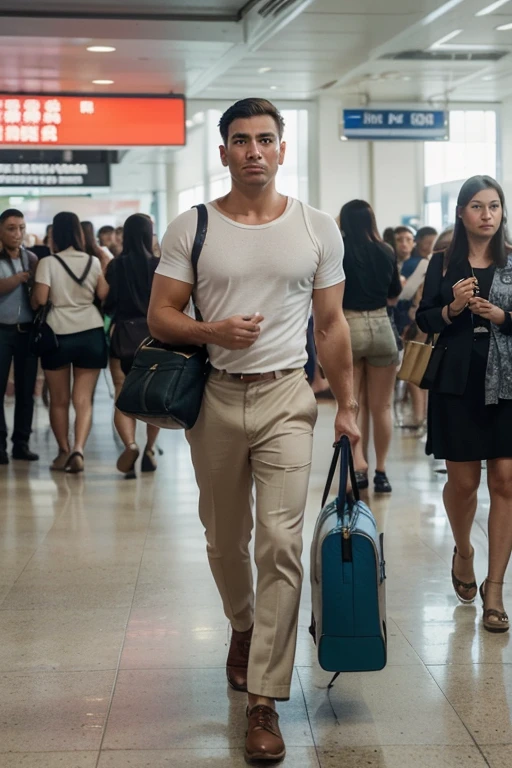 A stocky Japanese man in his 40s, a former rugby player with a short beard and a suit, standing in a crowded train wearing only underwear, white swim boxer shorts