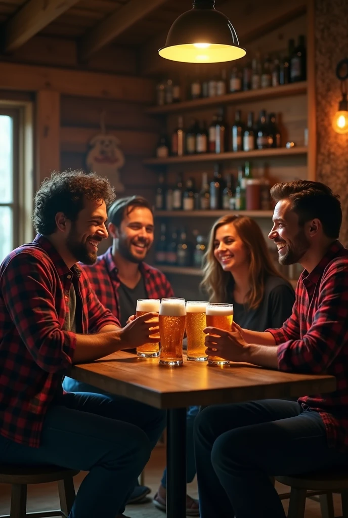 2 men with beer in their hands and 2 different girls in the background in a dark villa with beautiful couches that looks very dark inside while having their clothes off, aperture f/2.8, photorealistic 1.4, nice 1.4, at night, rembrand light