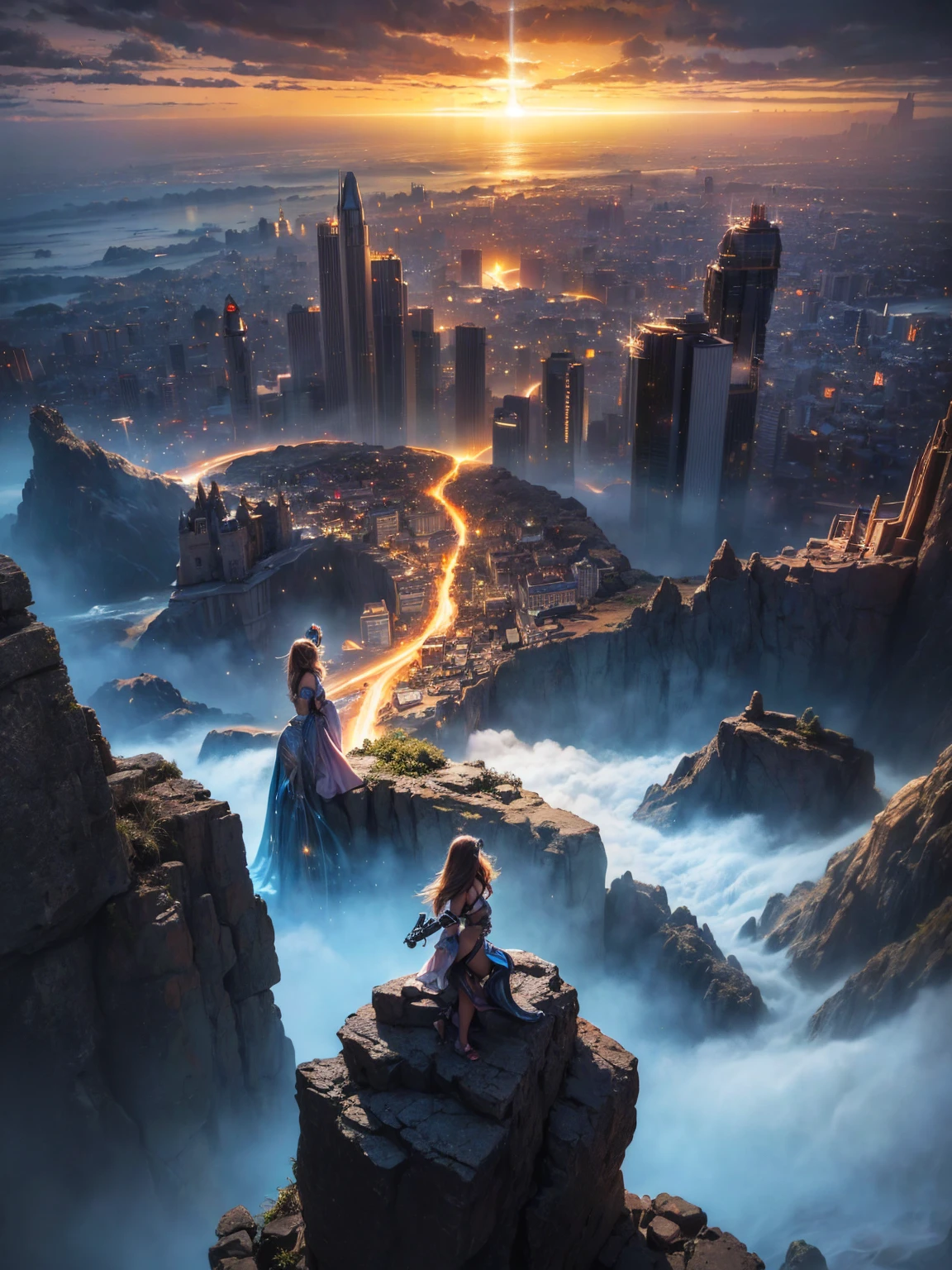 (8k, highest quality, masterpiece, final fantasy style: 1.2), (unRealistic, photoRealistic: 1.37), Dreamy landscape, Fantasy, Unsurreal landscapes, Super detailed, Flying Castle, Floating Island in the Sky, Seven-colored swirl of light, Intense lightning, milky way, Complex Light, Colored light, Large Lake, Starry sky reflected on the lake surface, Countless shining stars, Meteors,  Reflections , (A pillar of light emanated from the ground:1,2), roses and orchids gardens , sunset, pink clouds, waterfalls in the sky, realistic style, Hyperrealism drawing, a flying pirate spaceship floating at the clouds level, burning skyscrapers, cyborgs, timeless realms, stunning  princess  ,  casting spell, healing light magic effect, in a magical lagoon of the fairyland, crystal clear water surface reflections, sharp focus, looking at viewer, (close-up:0.9), (bright white theme:1.2), (bright white tone:1.2), (deep blue tone:1.3),((( realistic, Hyperrealism, vivid colours , landscapes , alien cyborgs , science fiction themes))), (((2 humanoid stunning female cyborgs posing )))