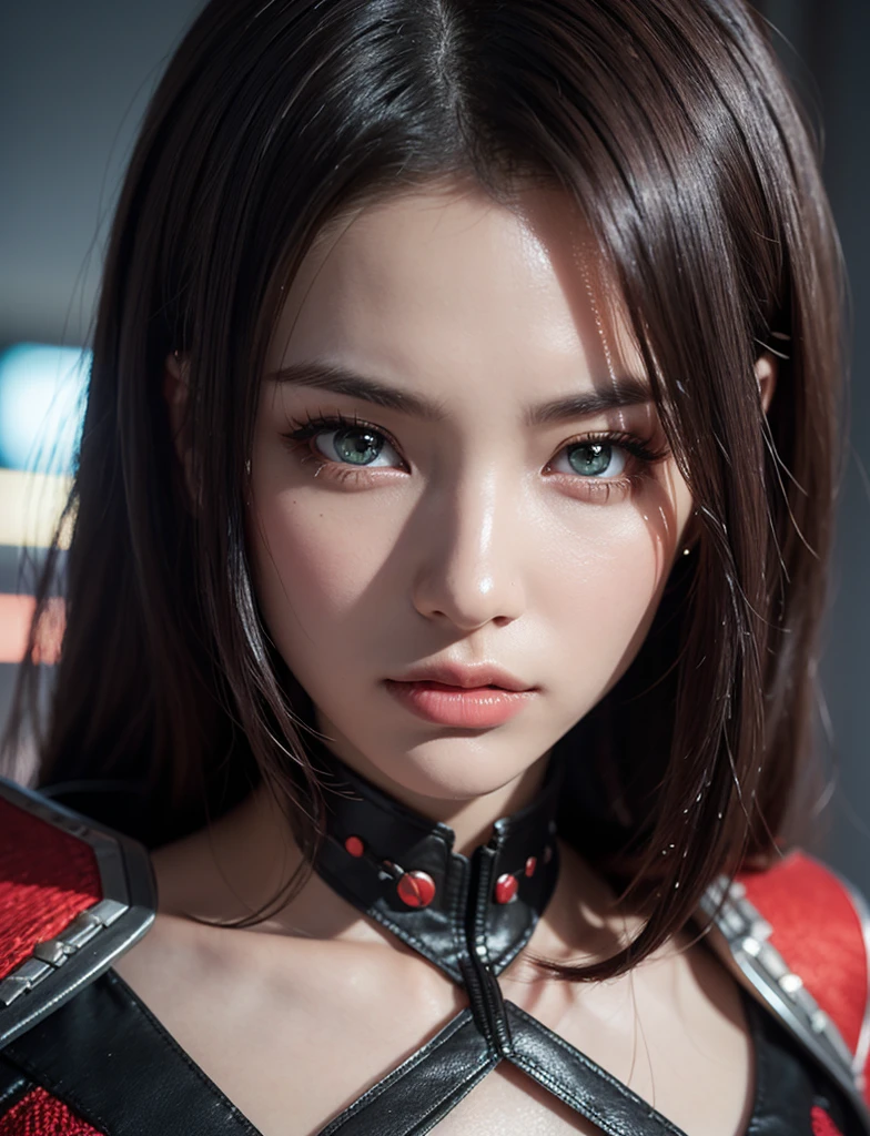 Game art，best picture quality，Highest resolution，8K，((A half-length photo))，((portrait))，((Head close-up))，(rule of thirds)，Unreal Engine 5 rendering works， (future girl)，(female warrior)， 22 year old young hacker)，(rainbow hair，ancient oriental hairstyle)，((red pupils:1.3))，(Beautiful eyes full of details)，(big breasts)，(eye shadow)，Elegant and charming，indifferent，((anger))，(Chinese general armor，joint armor，There are exquisite Chinese patterns on the clothes，sparkling jewelry)，cyberpunk characters，futuristic style， photo poses，city background，Cinema lights，Ray tracing，Game CG，((3D Unreal Engine))，OC rendering reflection pattern