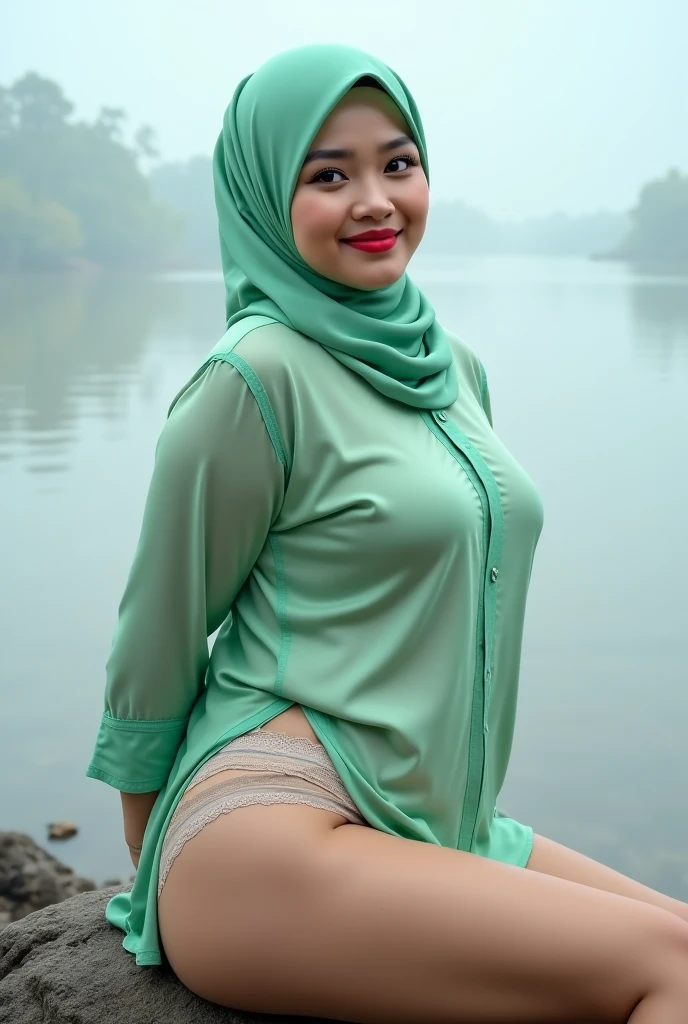 best quality, high resolution, 1 girl, beautiful Indonesian teen in hijab, soft smile, wearing pink hijab, wearing pink see-through mini skirt, wearing pink panties, wearing no garter belt, wearing no bras, wearing no lingeries, wearing no stockings, photorealistic, realistic, small breasts, smiling, tiny and skinny body, wet body, wet clothes, smiling, breezy, skin details, skin texture details, sexy body, morning time, smiling, happy, kneeling in the swamp, blurred background, after raining