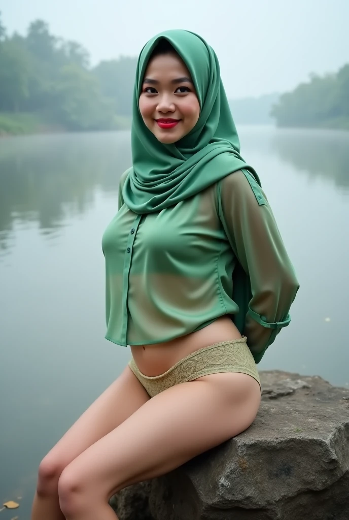 Young sweet beautiful Indonesian girl, 18 years old, slim body, very georgeus face, beautiful small breasts, wearing white dirty short hijab to covering all her hairs, a senior smart indonesian scout trainer at camping zone, a strong and humble girl, wearing khaki very dirt long sleeve all unbuttoned indonesian scout jacket, there is a red cross badge on her pocket, wearing dark brown folded up long skirt, wearing black sport shoes, very realistic, very detail face, no cartoon, all good fingers have normal shape, normal legs shape, siting down limp lazy opened wide legs on lazy chair at in camping zone, sun shining to her body, vagina and breast are exposed and visible, sweat on all her skins, many sweat flowing on her redish exhausted face, enjoying her jobs, exhausted eyes, very exhausted face, her dark hairy vagina exposed, very dense hairs under her stomach are visible, no bra, no panty, no underwear, nude, she is forget to get dress,