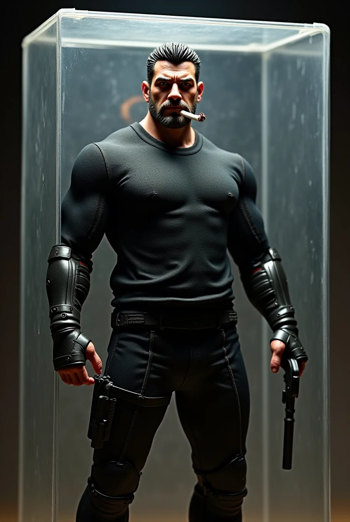 "Obra-prima de arte completa, alta qualidade, ultra detalhado em 4k, 8k, [christopher reeveBrock Edward Lesnar] alta resolução, Cartaz de cinema, Solo, homem alto forte, Wide neck, tall trapezoids, homem grande, cabelos curtos, cara de bravo, mau, homem grande, alto, (((Musculoso))), camiseta preta, black leather pants, cinto militar, Armado com pistola. fundo simples