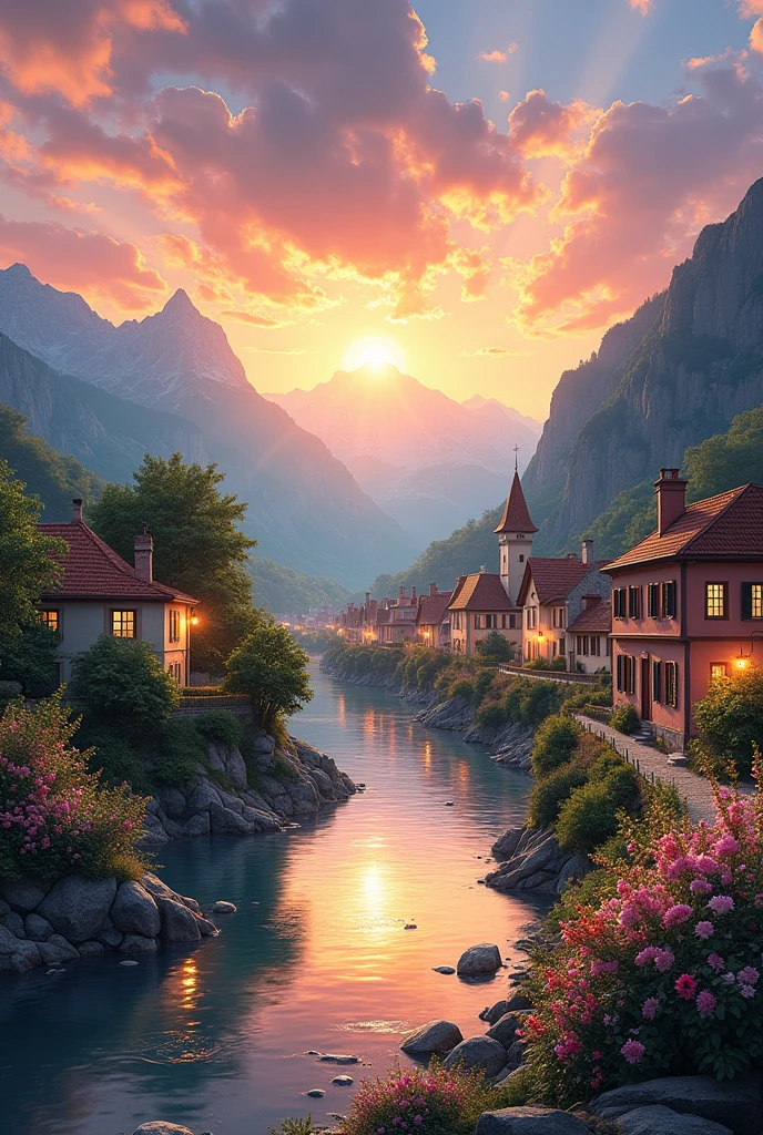 A small town by the river, mountains in the background, colorful floral flowers, detailed landscape, beautiful natural landscapes, atmospheric lighting, scorching sunset, warm colors, practical, photographic, detailed foliage, complex buildings, cobblestone street, charming country house, vibrant colors, lush vegetation, reflections in the water,  picturesque, idyllic, artwork, best quality, 8K, colors, anime style