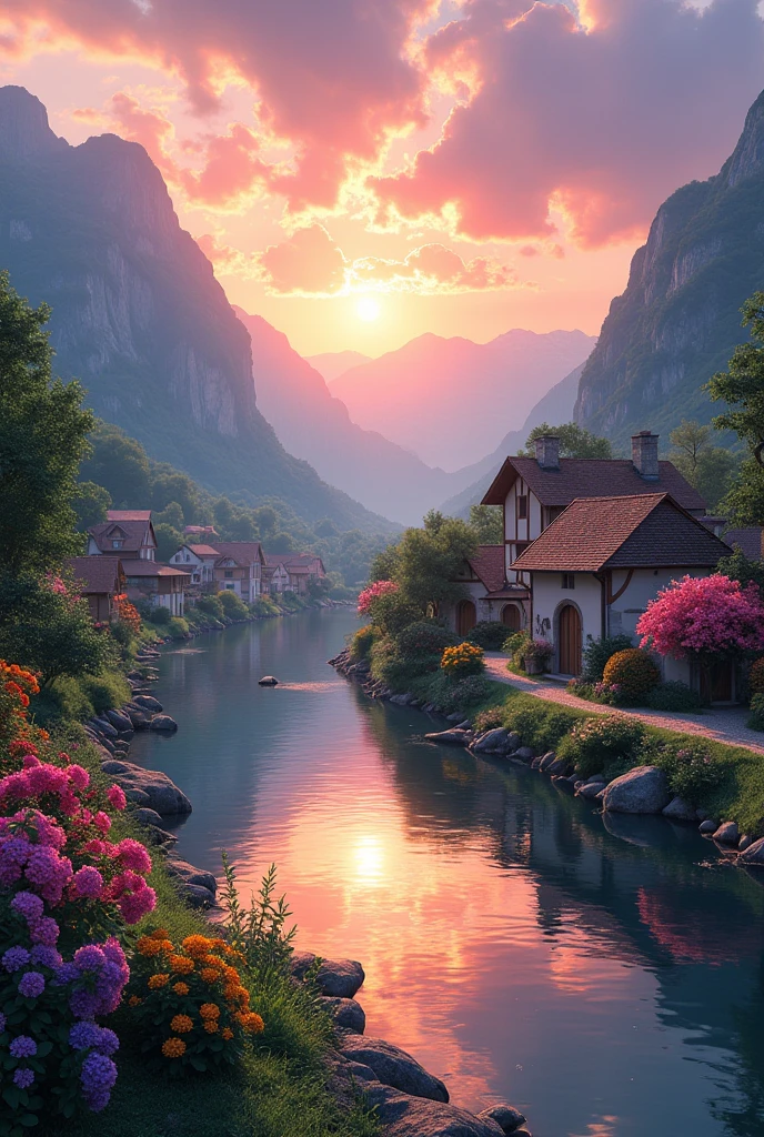 A small town by the river, mountains in the background, colorful floral flowers, detailed landscape, beautiful natural landscapes, atmospheric lighting, scorching sunset, warm colors, practical, photographic, detailed foliage, complex buildings, cobblestone street, charming country house, vibrant colors, lush vegetation, reflections in the water,  picturesque, idyllic, artwork, best quality, 8K, colors, anime style