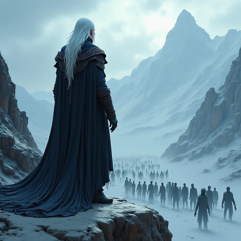 The white-haired magician, necromancer looks down the mountain at the army of dead he has slaughtered