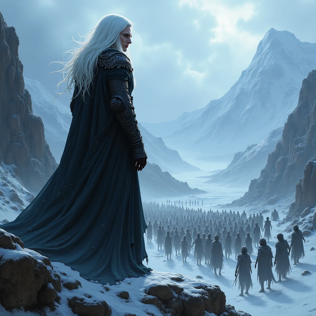 The white-haired magician, necromancer looks down the mountain at the army of dead he has slaughtered