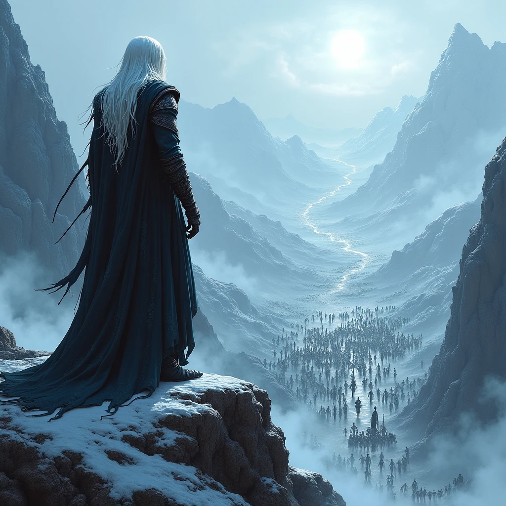 The white-haired magician, necromancer looks down the mountain at the army of dead he has slaughtered