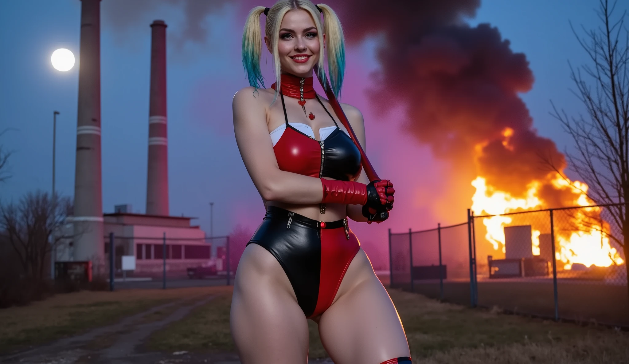 A cute woman in cosplay as Harley Quinn, sexy swimsuit poses, big fake weapons lie around the pool