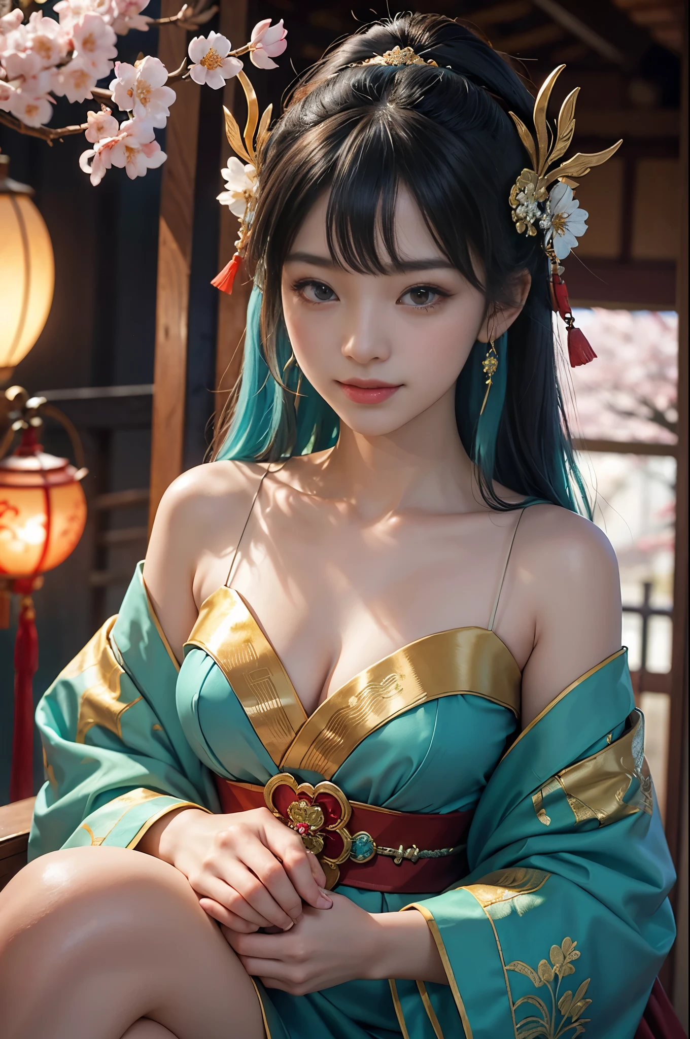 (masterpiece, best quality, highres:1.4), wallpaper, (full body: 0.7), 1 girl, long curly hair, (blue hair:1.0), (black hair:1.0), green eyes, multicolored hair, gradient hair, big breast, looking at viewer, smiling, (black yukata) , holding party popper, night, hairclip, bangs, (shoulder exposed), bra, sitting