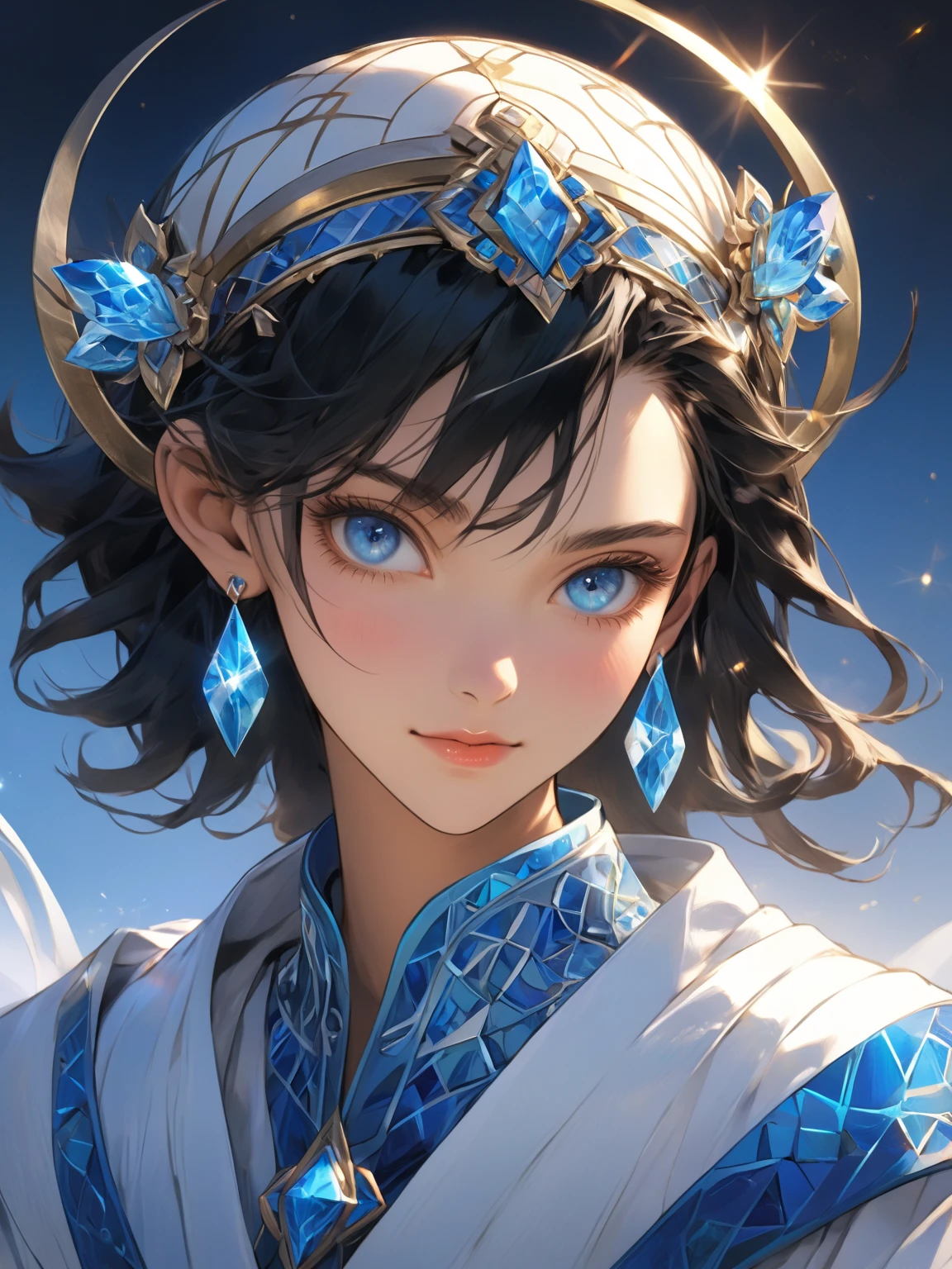 Taliesin, He behaves like a studious middle-aged man, with tanned skin and black hair that go well with her crystal blue eyes and her white robes adorned with bright blue geometric carvings. 