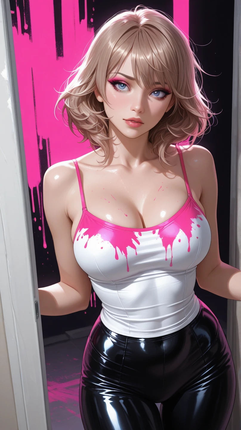 A beautiful woman wearing a loose pink sweater,big fluidic breasts, no bra, detailed facial features, long eyelashes, full lips, sweaty, graceful pose, photorealistic, cinematic lighting, highly detailed, 8k, masterpiece,