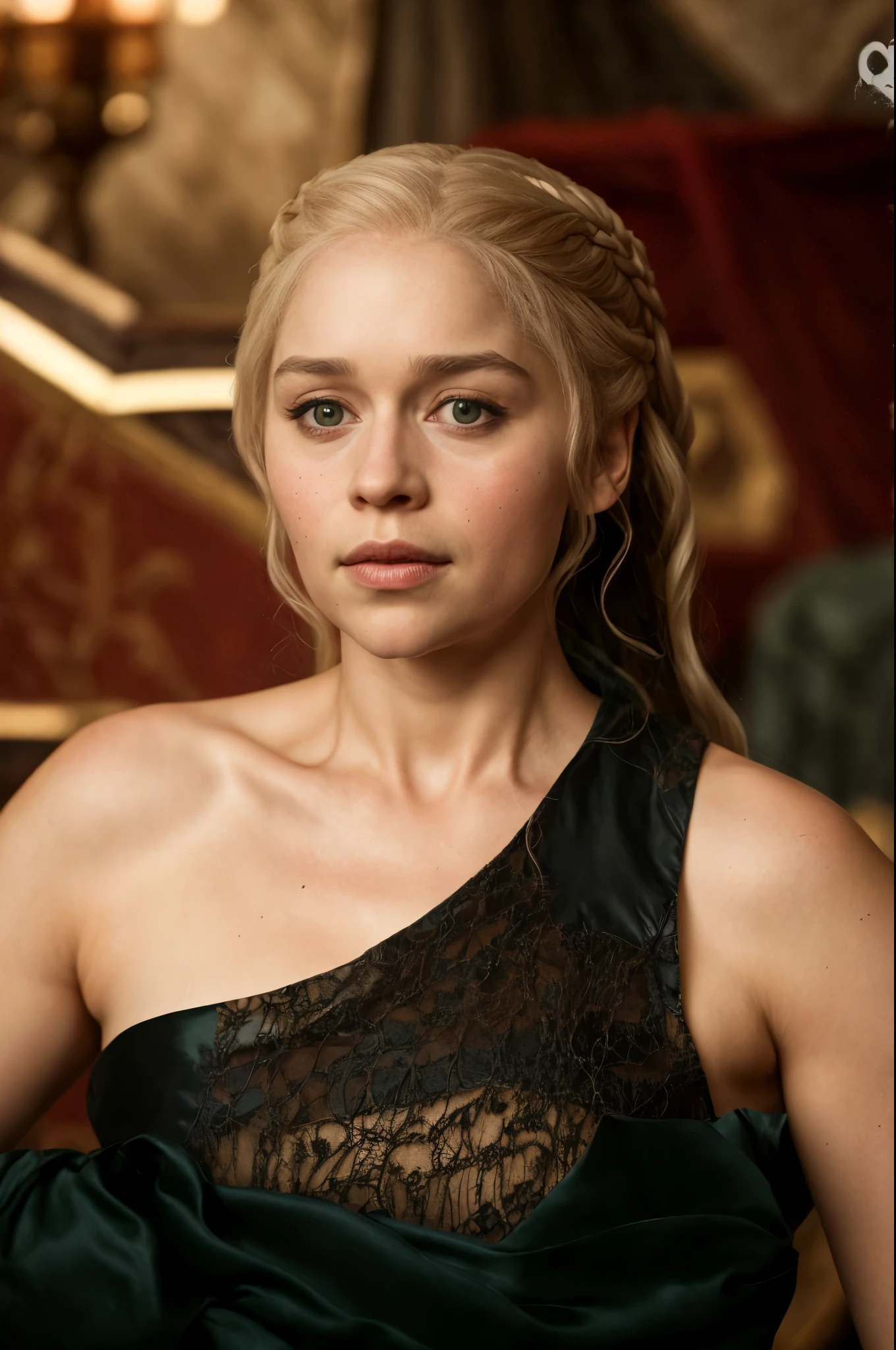 masterpiece, stunning portrait photo of khls woman, sleeveless, erotic costumes, sensual satin dress, game of thrones inspired costumes, compelling, cinematic, extremely gorgeous, stunning beauty, dark ruined place cinematic background,