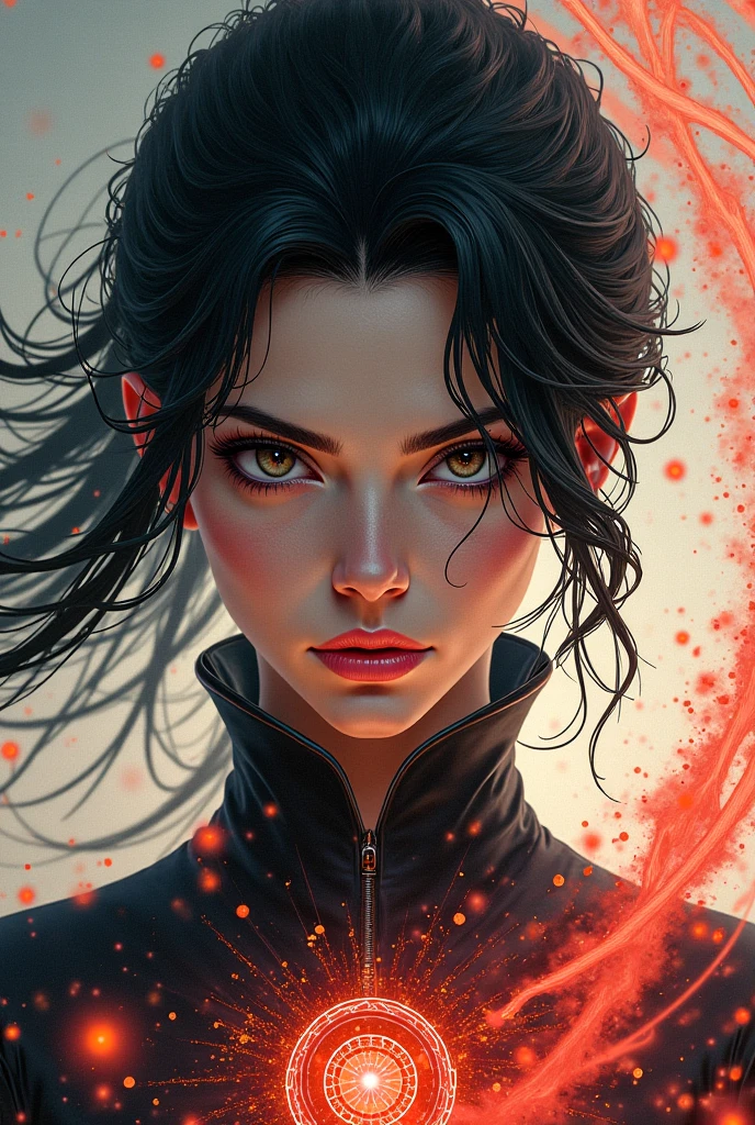 I want her with the sharigam on one side and the renegam on the other and she enhances the image and places a top background