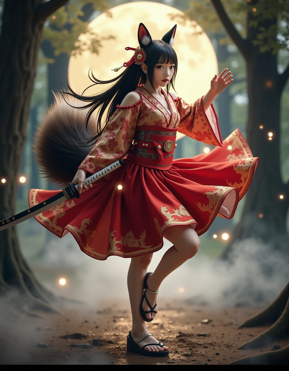 dynamic full-body portrait, a mystical fox-eared girl with a fluffy fox tail, performing a traditional kagura-style dance with a katana in hand, wearing a red and gold mini-skirt yukata with fluttering sleeves and ornate patterns, modest upper design with high collar and covered shoulders, wide ribbon obi flowing behind her, long black hair adorned with golden hairpins and ornaments, black and red fluffy fox ears, graceful spinning motion, one foot slightly lifted, wide sleeve movement, glowing spirit lights and fireflies surrounding her, soft fog on the ground, full moonlight filtering through ancient trees, ceremonial forest clearing, magical and ethereal atmosphere, photorealistic, cinematic lighting, ultra-detailed, 8k, masterpiece, best quality, photorealistic:1.5, ultra-detailed:1.3