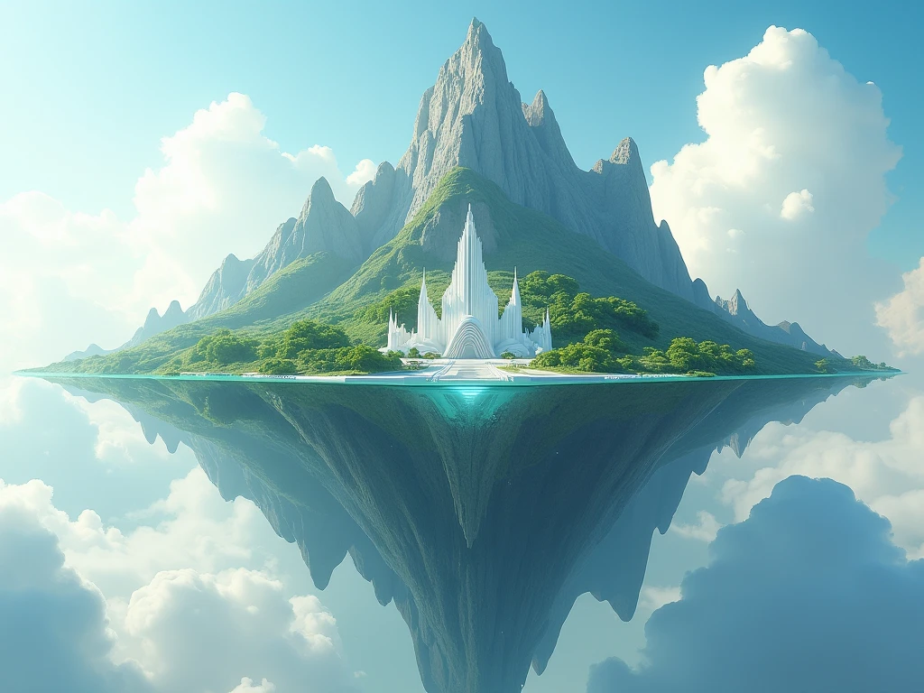 a large floating island with mountains and vegetation and with some glass underneath the island, with a white city in the middle
           
