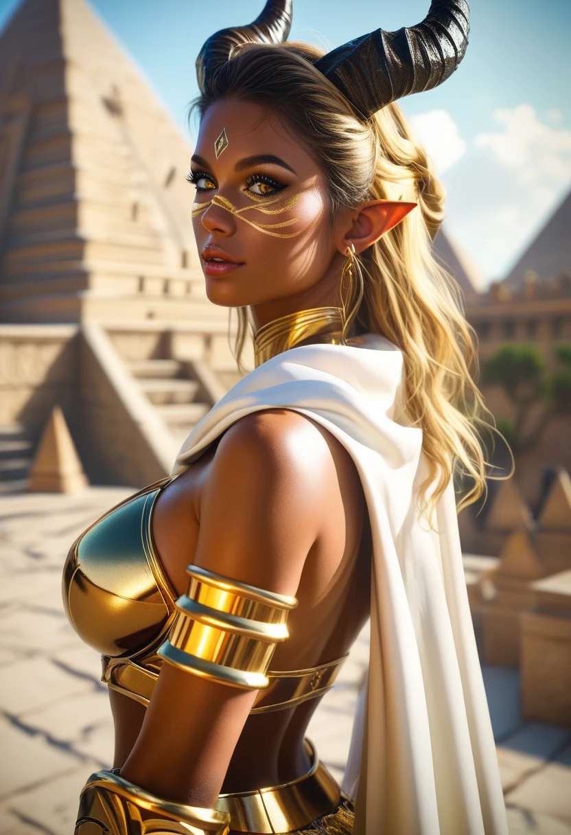 Beautiful demon, photoreaistic,((((futa)))), ((((brown skin)))), black horns on head, ((gold markings on face)), long gold hair, gold eyes, ((large breasts)), pointy ears, fit. Wearing gold armor and white cape. Gold armor skirt. Pyramids background. Rear view.