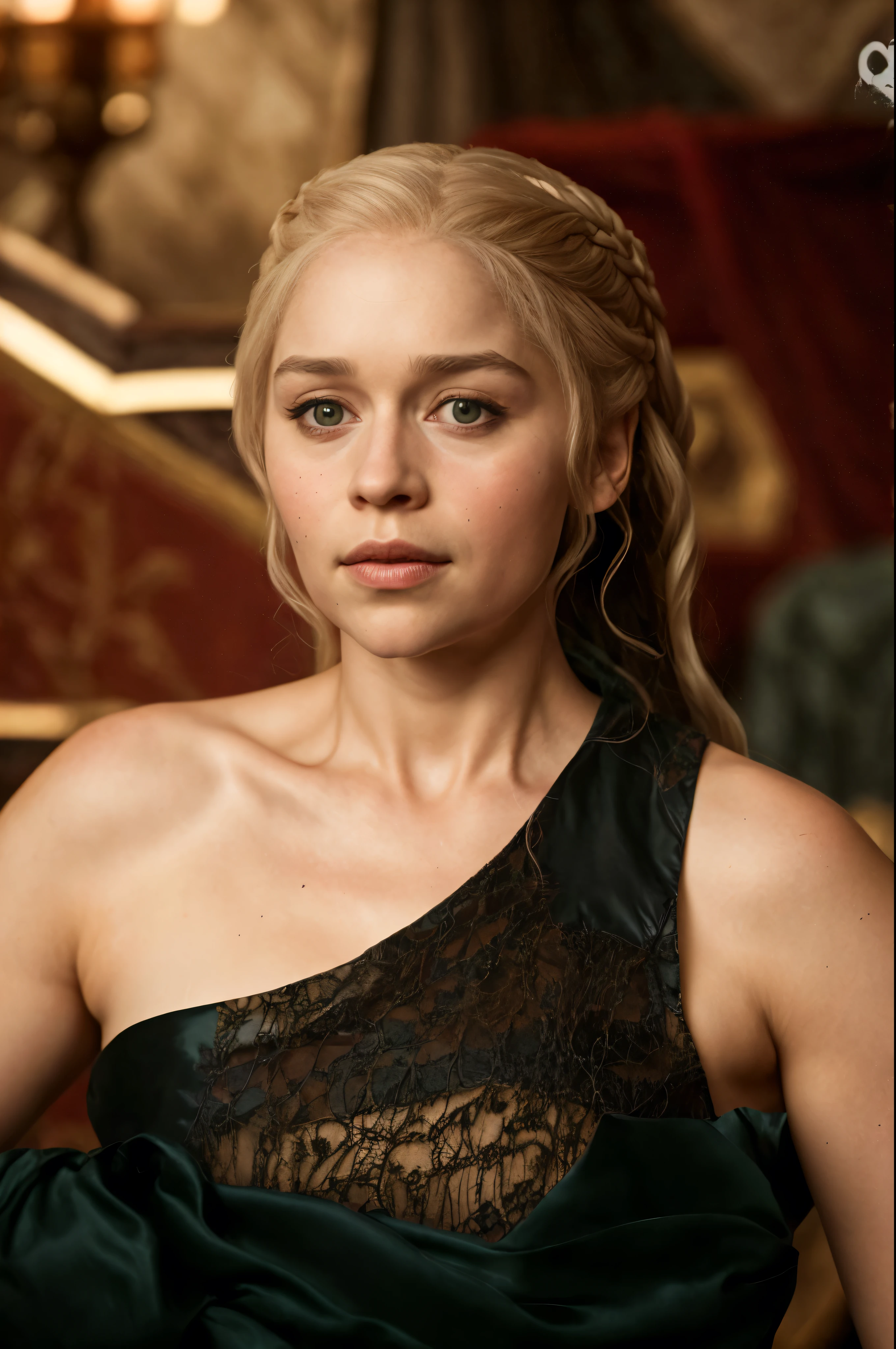 Solo woman, Linen cloth, linen dress, Emilia Clarke as Daenerys Targaryen, 45 years old woman, thick figure, bulky figure, dress inspired by mediaeval period Royal lady, mediaeval maid linen dress, Royal Satin dress, Perfect eyes, flawless Beauty, pierced eyes, Masterpiece, Daenerys Targaryen, Gorgeous woman, queen, Queen Lady, Princess of Dragonstone, beautymarks on breast, The Unburnt, Queen of Meereen, Queen of the Andals, the Rhoynar and the First Men (claimant), Protector of the Seven Kingdoms (claimant), Khaleesi of the Great Grass Sea, Breaker of Shackles, Mother of Dragons, The One Who Was Promised, Lady of Dragonstone , 45 years Old, she is a Full growned lady now, beautiful mature lady, the queen, milf beauty, mature queen, Best quality, a small, charming Beauty, a captivating woman, fully ripen milf body, lustful queen, alluring appearance, unrivaled beauty, wonderful breasts, large breasts, mediaeval erotic costumes, a Game of Thrones-inspired costume, a close-up of a woman from the middle ages, Daenerys Targaryen, Daenerys, resembles Emilia Clarke, Emilia Clarke, scene from "Game of Throne," deep cleavage, warrior princess, healthy body, perfect thick body, attractive figure, fleshy body, style of "Game of Throne," beautiful lady, beautiful woman, mediaeval clothes, stunning woman, 8K, insane details, dress made of clothes and jewelry, perfect hair, styled hair, beautifully braided hair, high clarity eyes, perfect hands, perfect fingers, perfect eyes, single female, 