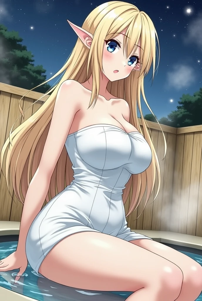 (anime cels style, Masterpiece, best quality, high resolution, anime colored, megami magazine:1.2, anime poster style, anime keyvisual, sharp, 8k, photorealistic), (beautiful eyes:1.5), reiko_aiwaifu, 1girl, cute, blond hair, long hair, sagging huge breast, (beautiful nude), (Towel over breasts:1.5), (cowboy shot, sitting), (perfect detailed anatomy, perfect arms, perfect fingers, beautiful face, perfect body, shiny skin), onsen, 