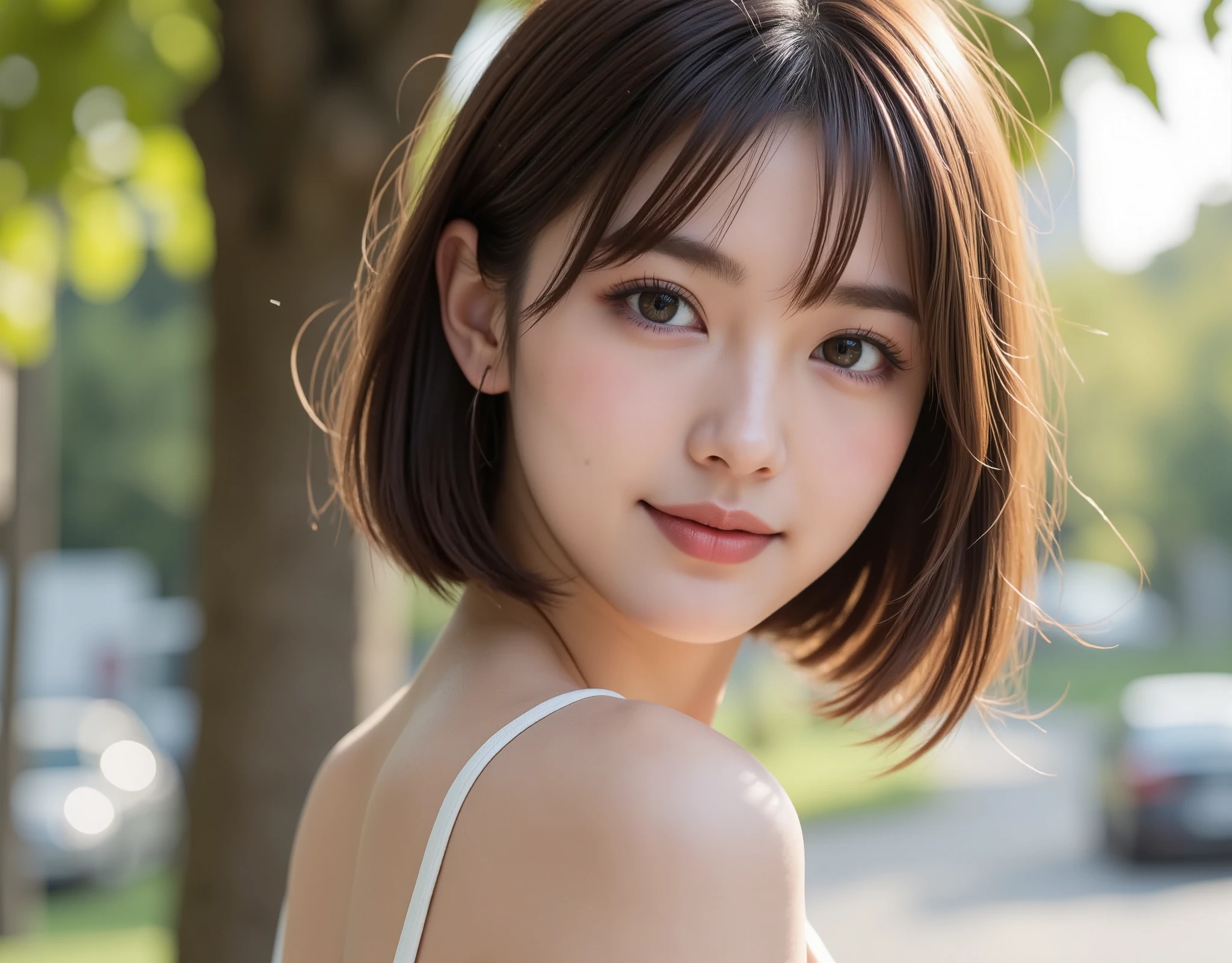 NSFW, (Highest quality), (Ultra-precise CG 16K wallpaper), (Realistic), (High saturation), (Sharp), Beautiful detailed shading, Beautiful natural lighting, Beautiful detailed glow, (Late afternoon sunlight), Natural light, Depth of field, (Mature 24 year old woman, One person), (Very beautiful Japanese face), (Straight side swept bob hair with bangs), (Shiny brown hair), (Sparkling eyes), (Woman is smiling: 1.3), (The woman is looking at me), (Close-up of a woman's face), (Image of a woman looking at a diagonal front),