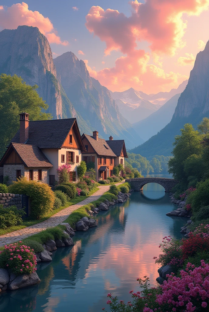 a small village by the river, mountains in the background, floral flowers colorful, detailed landscape, Beautiful natural landscapes, atmospheric lighting, scorching sunset, warm colours, practical, photopractical, Detailed Foliage, complex buildings, cobblestone street, Charming country house, swirly vibrant colors, lush vegetation, Still water reflections, Picturesque, idyllic, work of art, best qualityer, 8k, extremely detaild,anime styling