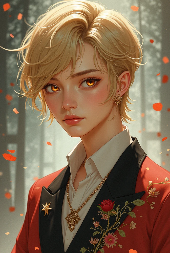 Manhwa style young man, Blonde with honey-colored eyes, pretty with a delicate almost feminine face