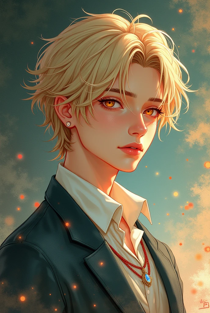 Manhwa style young man, Blonde with honey-colored eyes, pretty with a delicate almost feminine face