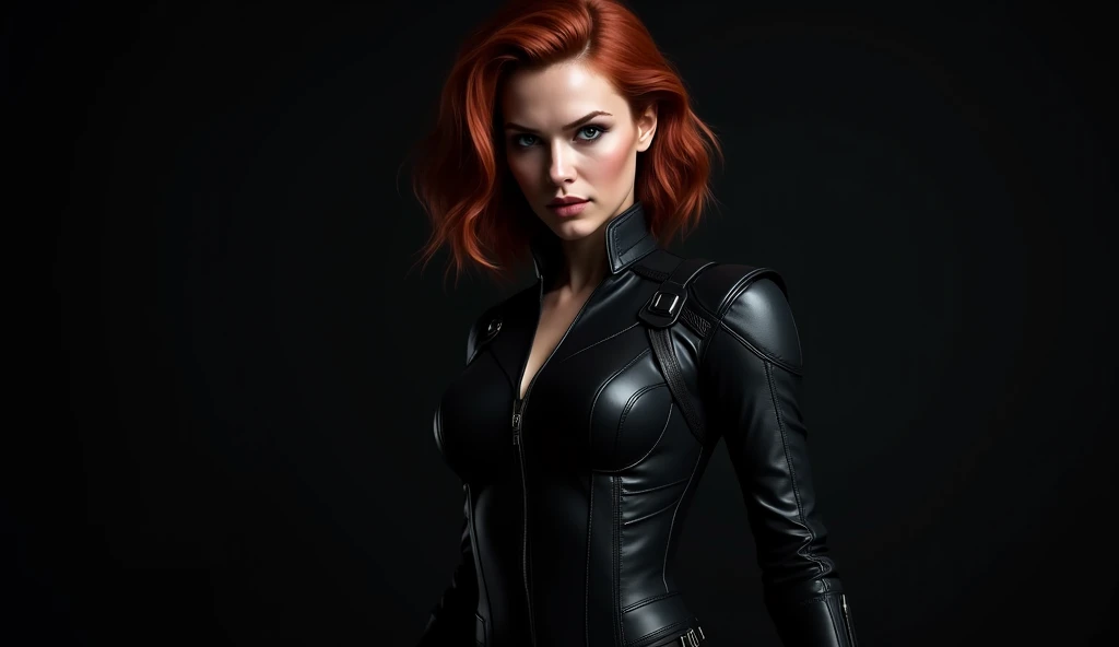 Gorgeous european woman with short hair, wet hair, hair slicked back, combed straight back, slick hair, streaked auburn hair, seductive pose, karen gillan, dressed as a sexy jedi, cleavage, solid dark grey background
