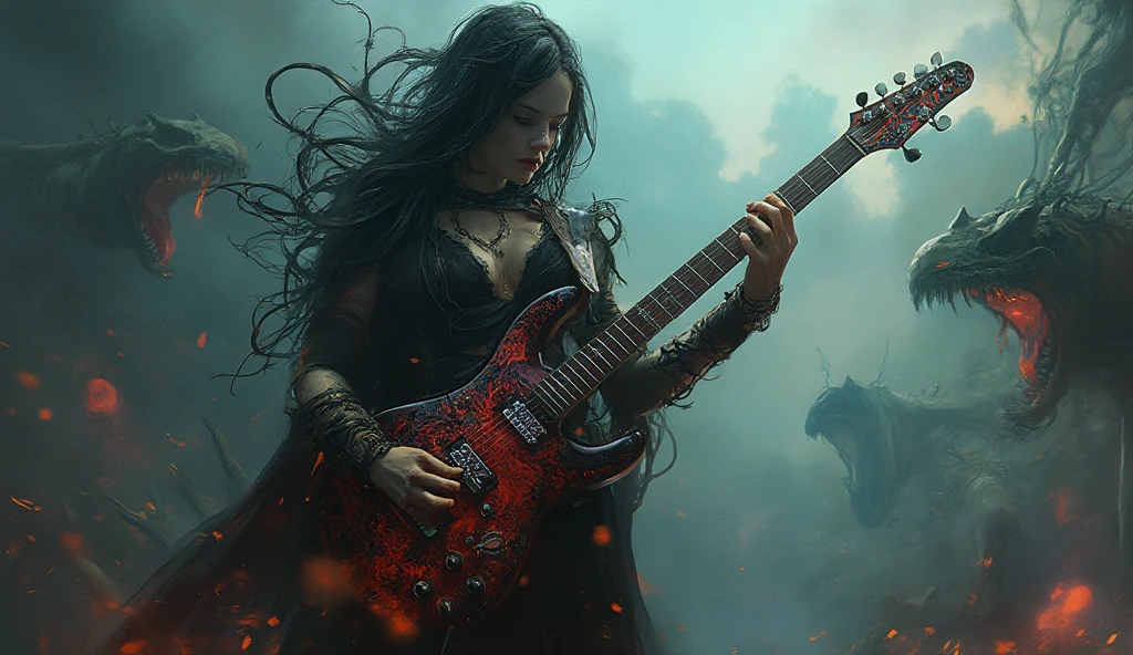 mystical woman, playing a heavy metal electric guitar, is surrounded by an atmosphere of gothic music and fantasy demons, creating a unique sound, that takes listeners to new heights.