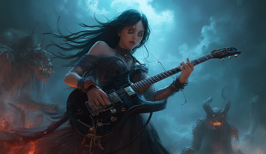 mystical woman, playing a heavy metal electric guitar, is surrounded by an atmosphere of gothic music and fantasy demons, creating a unique sound, that takes listeners to new heights.