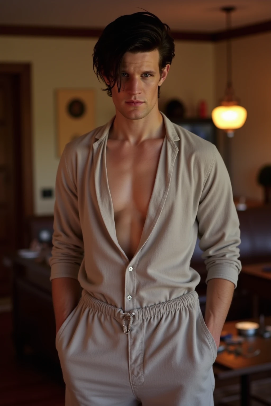 (best quality), 1boy, Male, 22 years old, young man, white skin, black hair, short hair, side swept hair, green eyes, perfect eyes, piercings, handsome, pajama shirt, briefs, strong jawline, masterpiece, anatomically correct, highres
