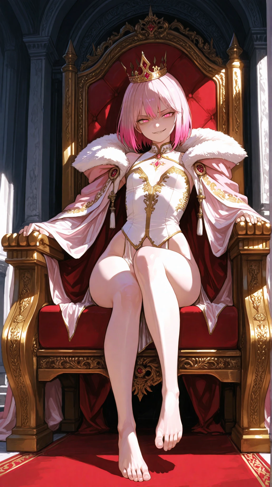 A young princess, beautiful, short pink hair, green eyes, she is completely naked, has medium tits, her face shows a perverted smile, she is sitting on a luxurious throne