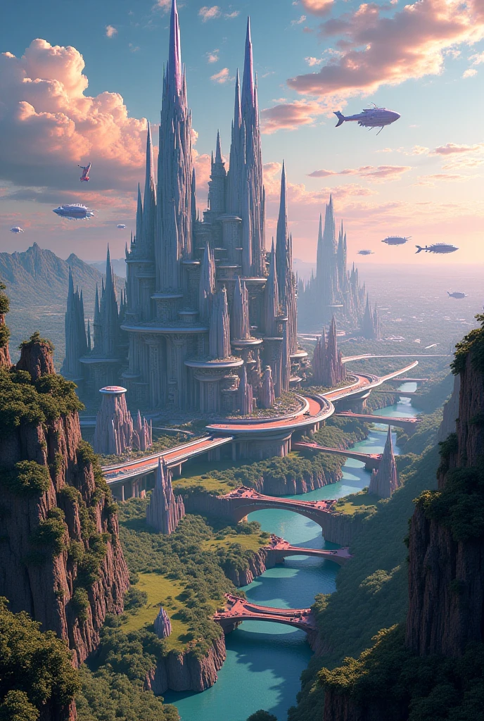 A top view of large city make it mix between a fantasy world and a sci fi world