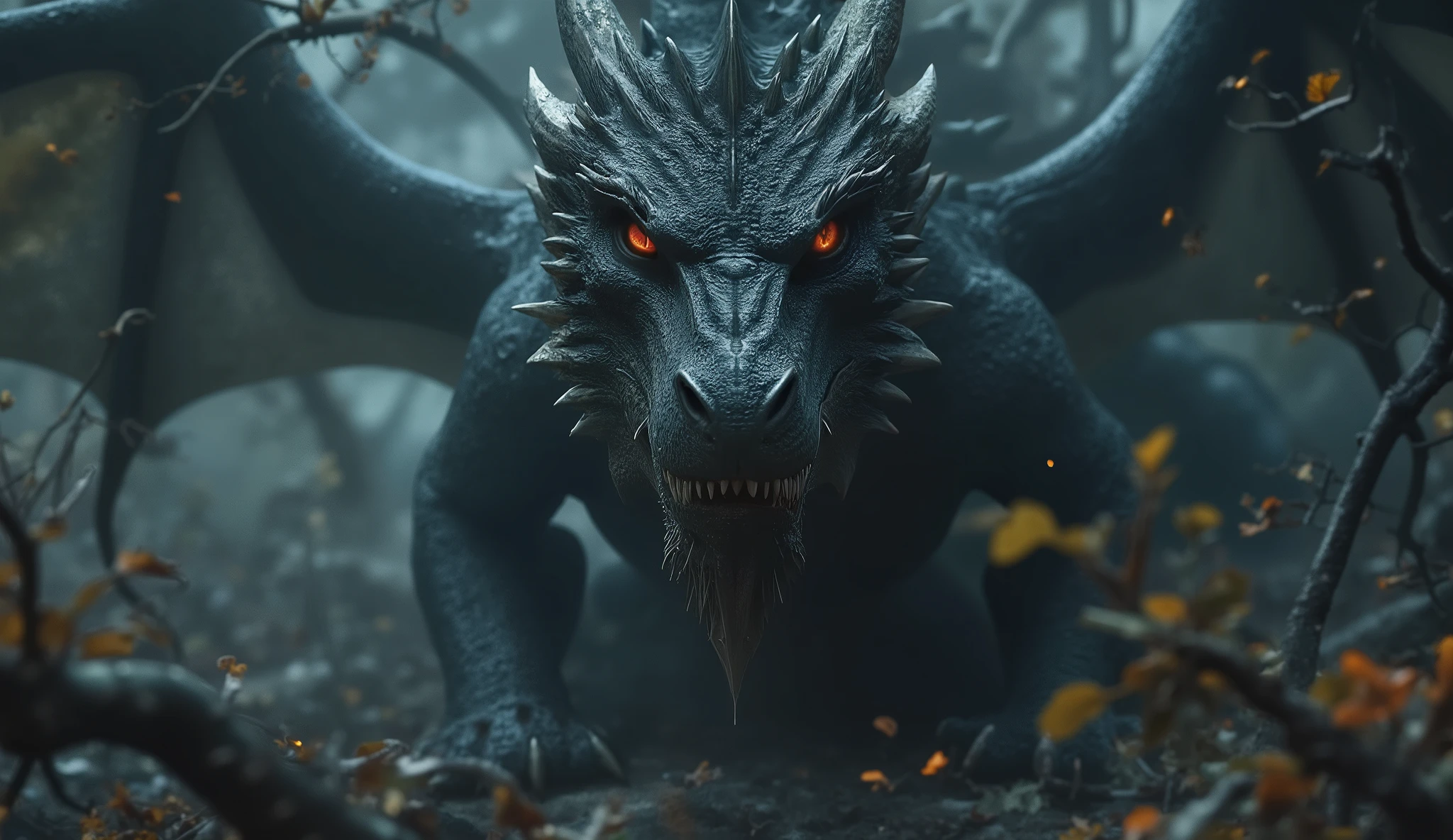 A shadowy silhouette of a dragon looms behind the trees, its glowing red eyes piercing through the mist, wings barely discernible in the gothic forest, illuminated by cinematic lighting, enveloped in dark fantasy.