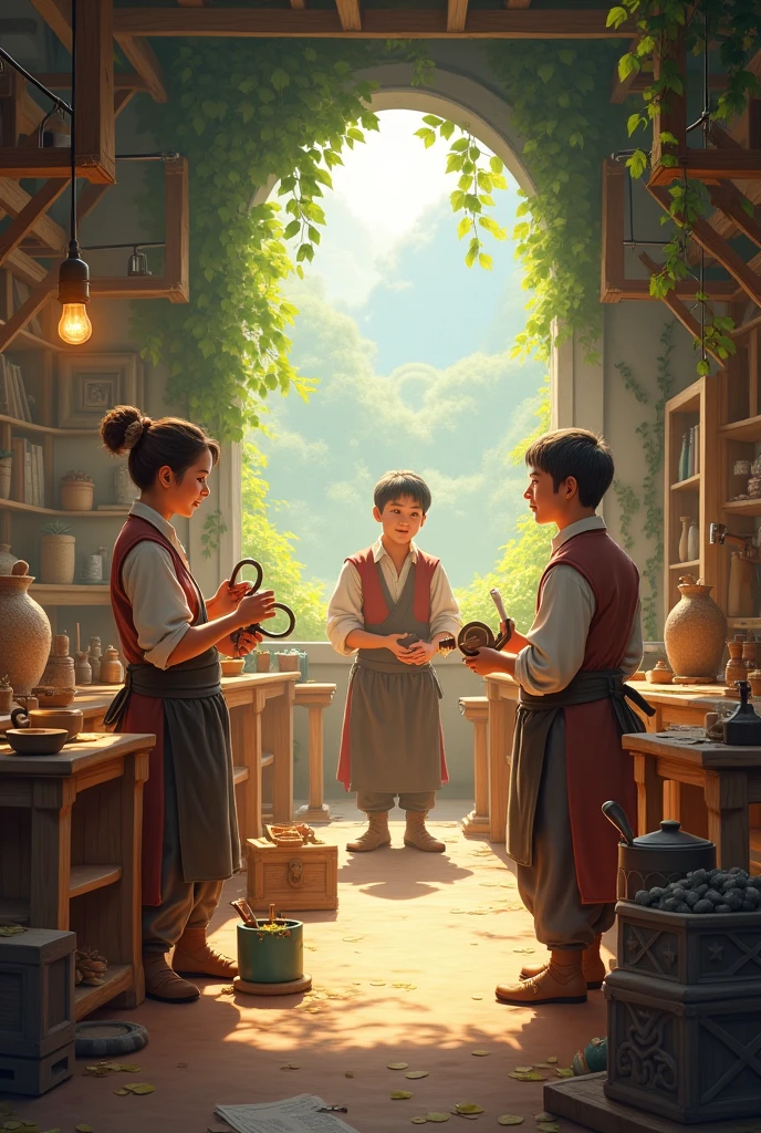 Crafts in Utopia: carpenters , blacksmiths and weavers working with dedication and harmony.

