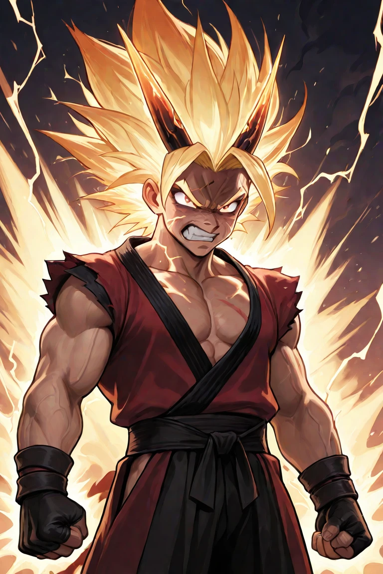 Ultra Supersayajin, diamond yellow colored hair and red eyes with black pencil painted around it, white clothing with dragon tatoon print, good open screaming, fighting with much fury against enemy, scenery in heaven and earth