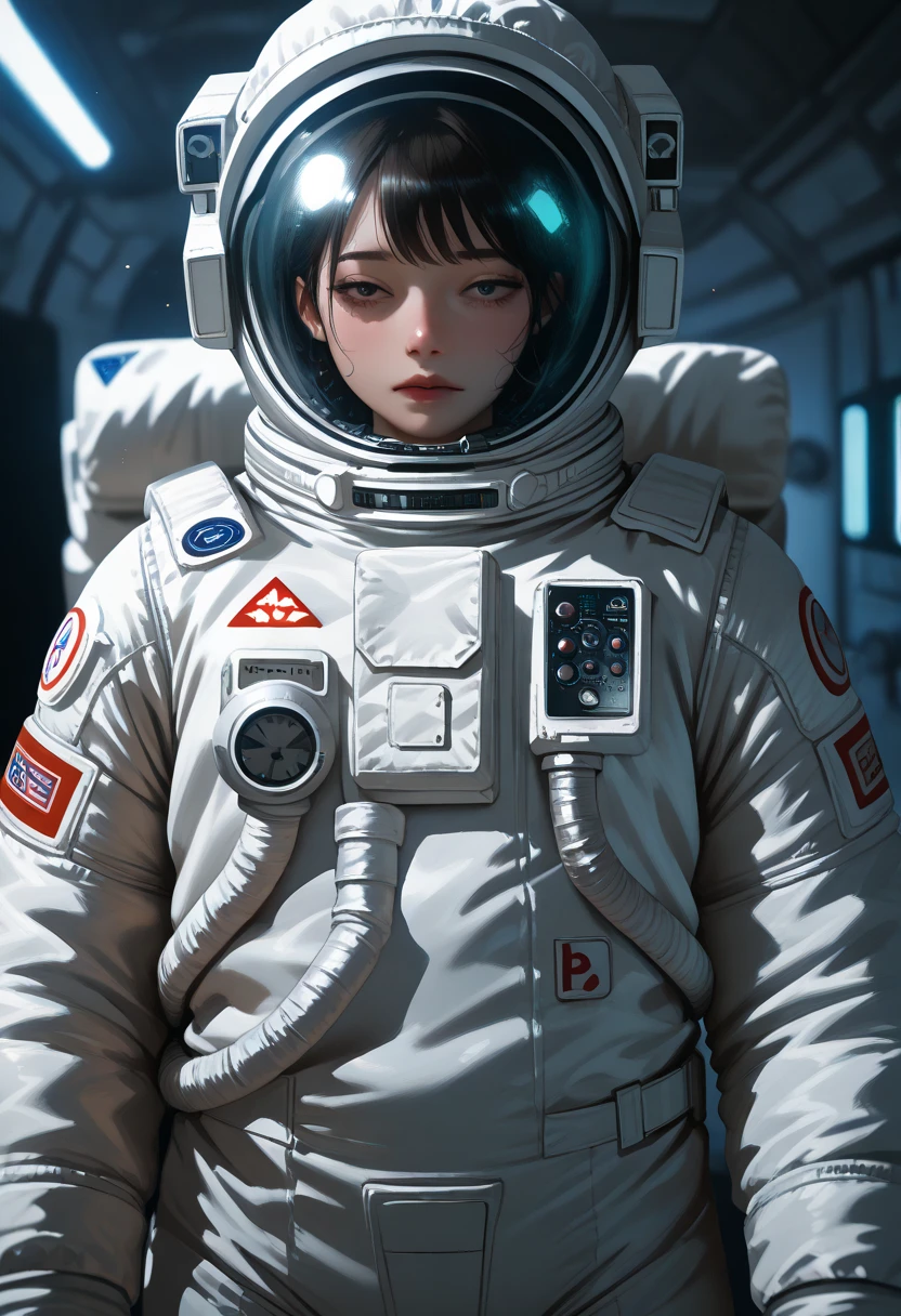female , better quality, detailed eyes , astronaut style,  , large partially  , in a spacesuit, skin slightly sparkles, ,background blurred,
