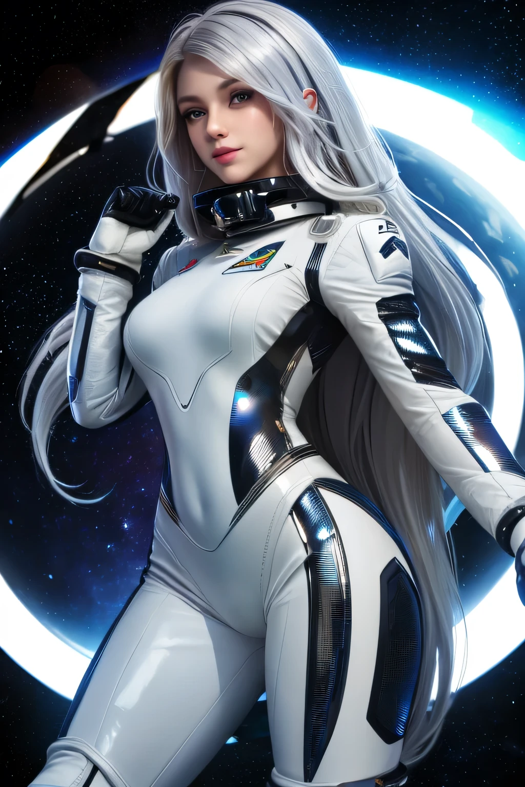 Woman with ,golden white hair,Blue eyes,,,black spacesuit