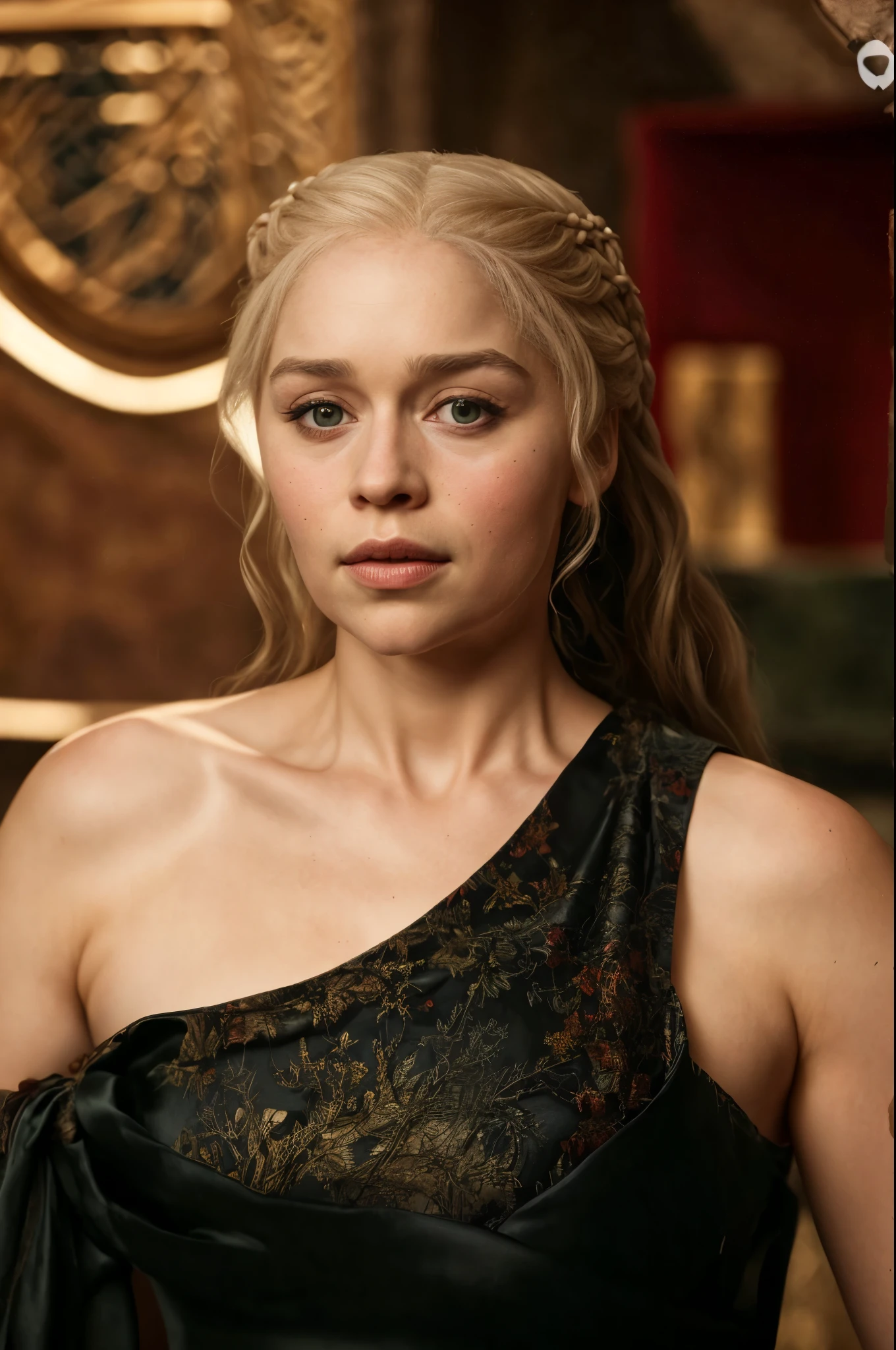 masterpiece, Ever gorgeous Daenerys Targaryen, mother of the dragons, queen Daenerys Targaryen, stunning beauty, ravishing beauty, enchantress, stunning portrait photo of khls woman, front facing towards the camera, wearing Erotic mediaeval costumes, War Costumes , sharp focus, natural lighting, subsurface scattering, f2, 35mm, film grain, Regal Beauty, Regent Queen, silk satin, linen clothes, beautiful ruler queen, sexiest majestic queen dress, Sharp focus texture and color. Cinematic lighting to capture authentic skin shine and depth. Sensual dress, likelike textures, aesthetics, anatomically accurate, golden hour glow, Game of thrones inspired background, highly detailed skin texture, beautymarks, mole on the breast, skin pores, rough skin, perfectly styled blonde hair, sequin velvet apparel, vibrant rich colours, saturated colours, warm moody tones,