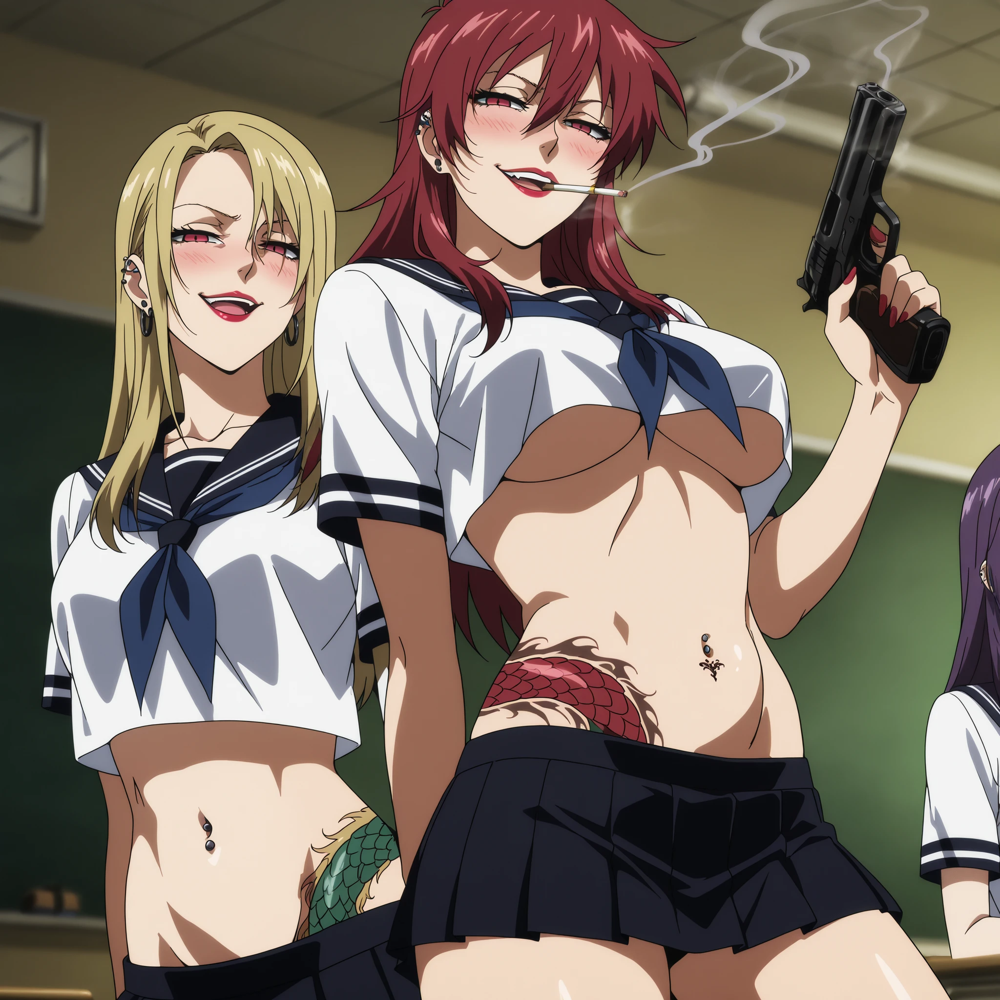 2girl, two girl, long hair, 
blush, lipstick, masterpiece, best quality, highly detailed, a anime girls in sailor uniforms with a gun posing for a picture, evil smile, smile, open mouth,black_serafuku, ecchi anime style, anime girls , ecchi style, ecchi, shipgirls, digital anime art!!, high school girls, holding a gun, hold a gun, anime style 4 k, micro skirt, exposed belly, exposed navel, exposed midriff, exposed lower belly,school, classroom, 