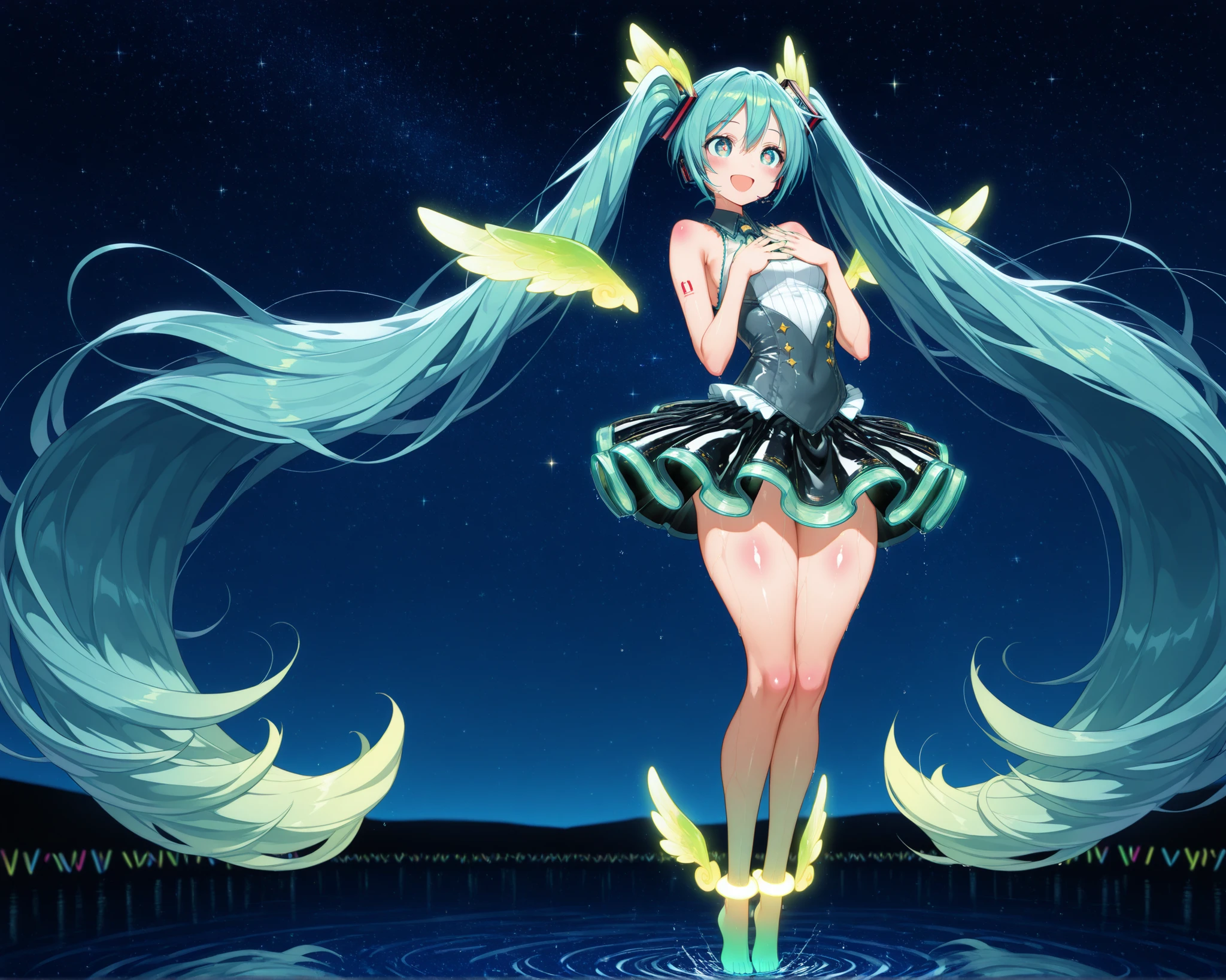 ( Absurd , high quality , Super detailed, Watch your hands,Pay attention to the shape of your legs )One girl,Hatsune Miku,The physique is thin,Small breasts,The location is on the stage,Holding the microphone in your right hand,Singing a song,smile