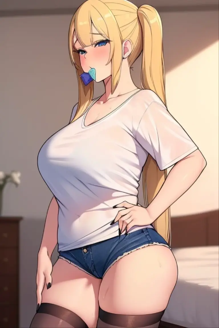 Nude pudgy of late adolescence with rosy cheeks, brown eyes, creamy blonde hair. Her breasts are large and perky. She has muscular, toned, realistic feet. Her legs are thick, fat, chubby, meaty, voluptuous, curvaceous, long, Rubenesque and plump. She is posing with both hands making victory sign and with one leg up. She is smiling flirtatiously.
