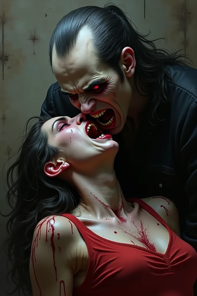 ultra-realistic, highly detailed, full height view, a stunningly attractive, vampire woman with bloodied fangs showing, pale complexion, horrifying, frightening feeding off a male victim