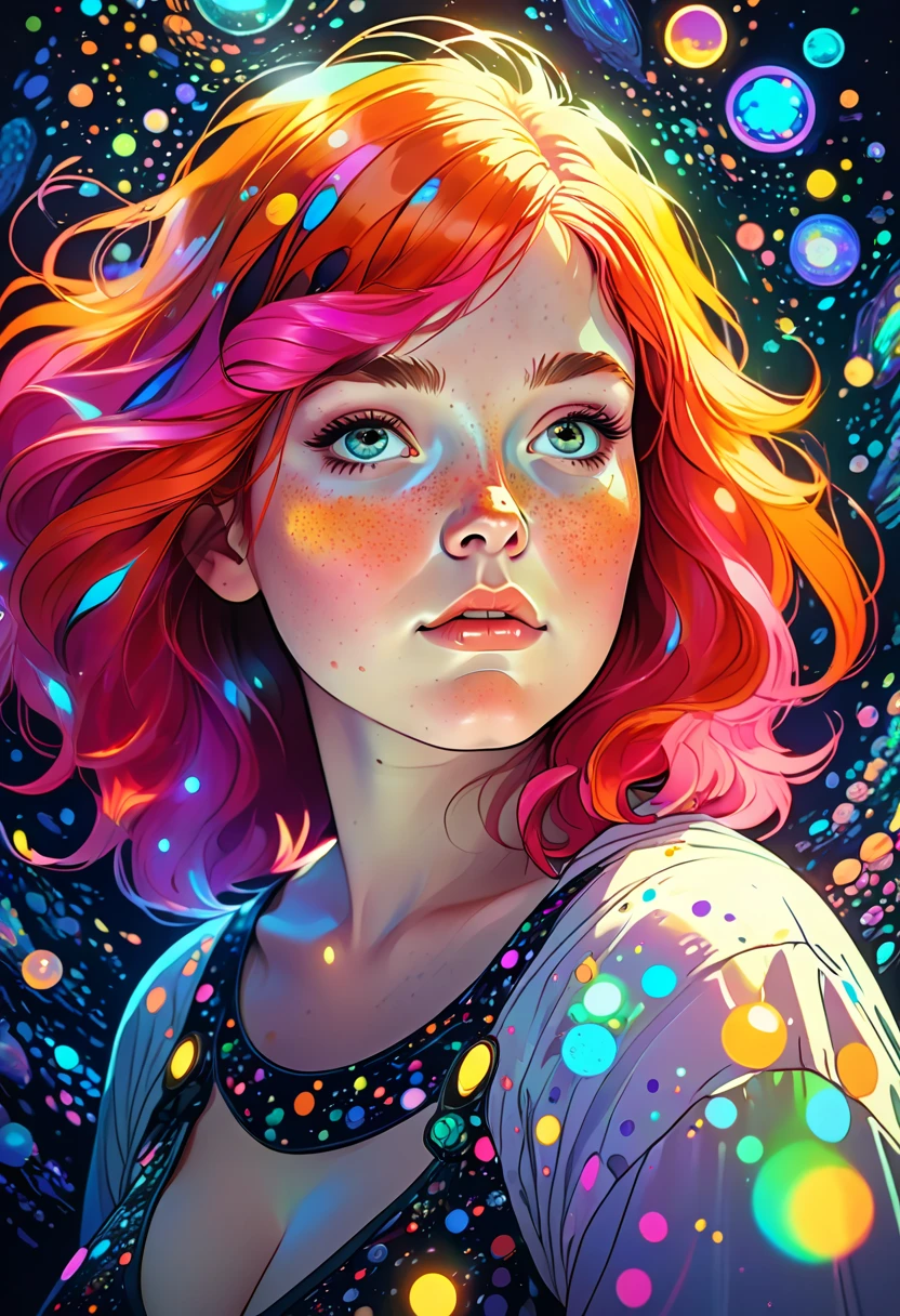 Chubby freckled girl with luminescent multicolored hair with a bright aura in a microscopic world. Arte conceptual. masterpiece