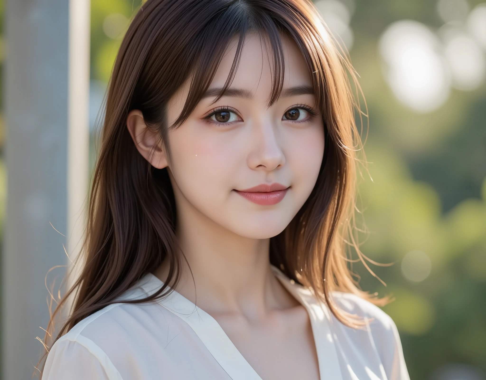 NSFW, (Highest quality), (Ultra-precise CG 16K wallpaper), (Realistic), (High saturation), (Sharp), Beautiful detailed shading, Beautiful natural lighting, Beautiful detailed glow, (Late afternoon sunlight), Natural light, Depth of field, (Mature 24 year old woman, One person), (Very beautiful Japanese face), (Straight side swept long hair with bangs), (Shiny brown hair), (Sparkling eyes), (Woman is smiling: 1.4), (The woman is looking at me), (Close-up of a woman's face), (Image of a woman looking at a diagonal front),