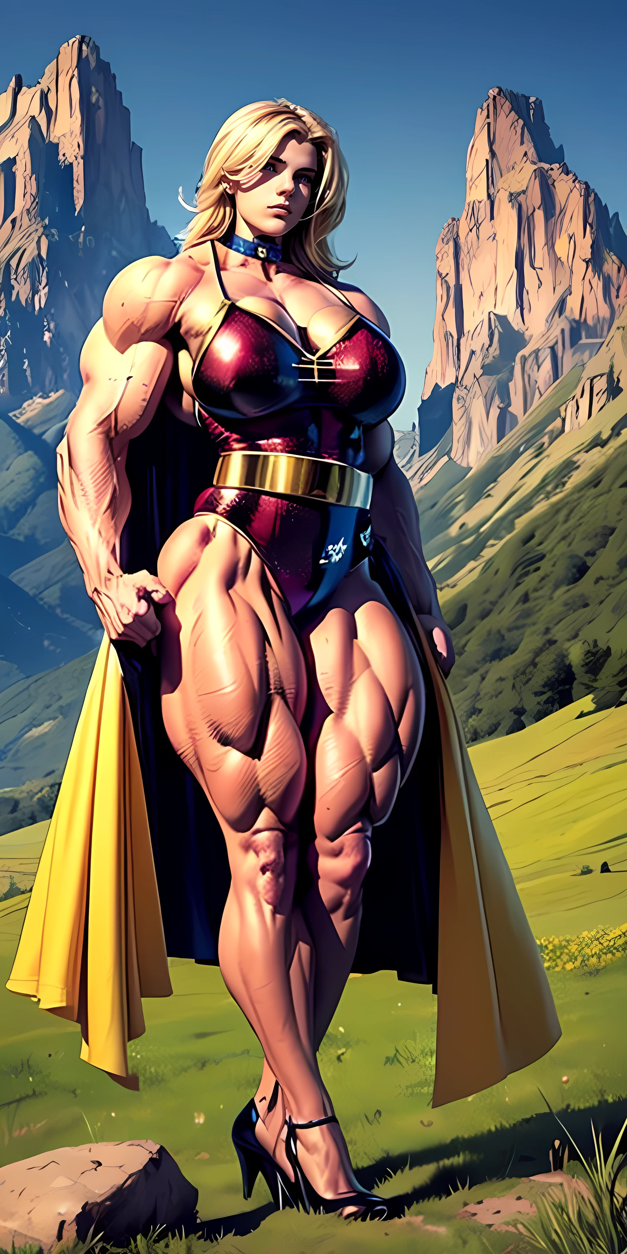 (Muscular:2), (thick thighs:1.9),
(blonde female:1.3), supergirl, (big smile:1.4), (android 18 haircut),
earrings, lipstick, eyeshadow,
(hard nipples:1.2),
(small red cape:1.3), (pleated skirt:1.6), (tanktop, midriff:1.2), choker,
(looking at viewer:1.6), (three quarter view), knees cropped, lowlegp,
(floating in midair, sky and clouds background:1.3), rim lighting, two tone lighting, dim lighting, bokeh, detailed skin, detailed eyes