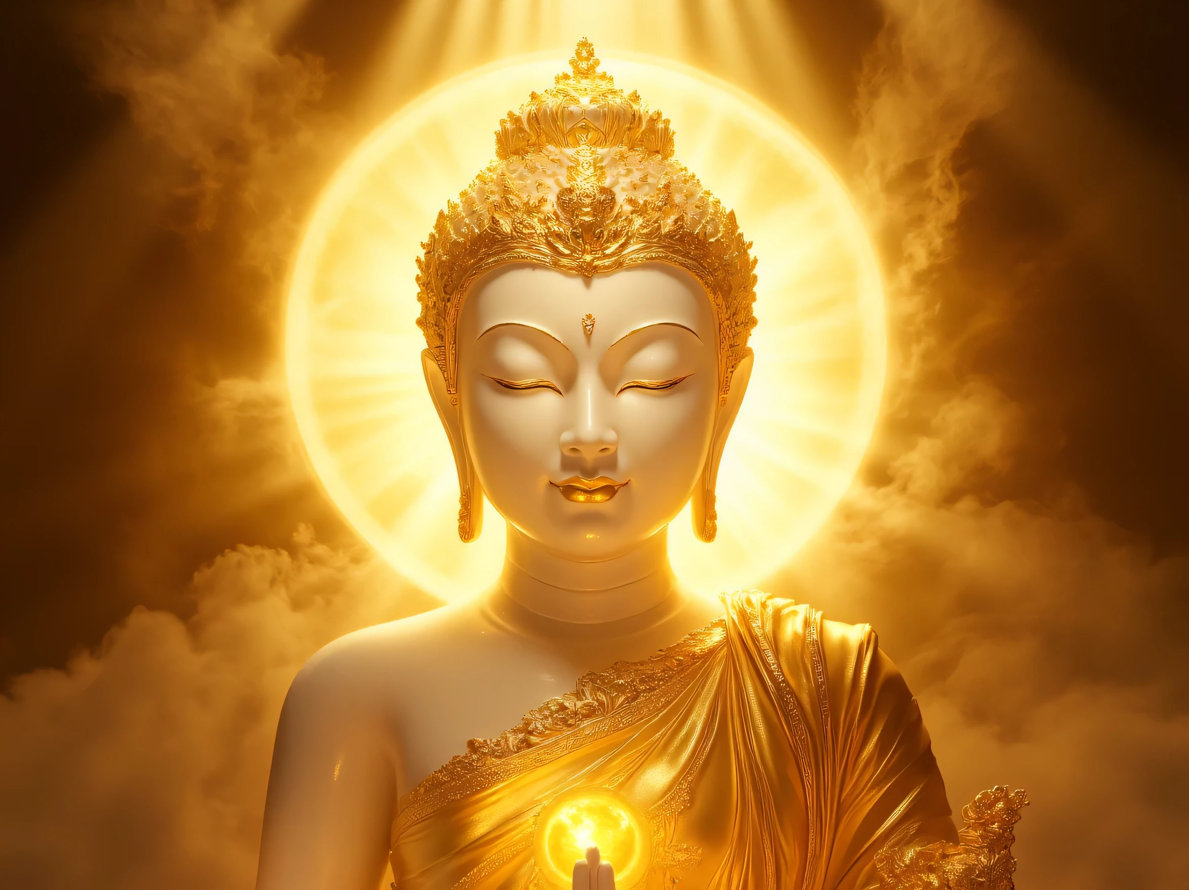 Golden peaceful shinny male buddha face a golden robe ကိုယ်ရောင်တောက်ပနေသော background is gold and shine myanmar style 